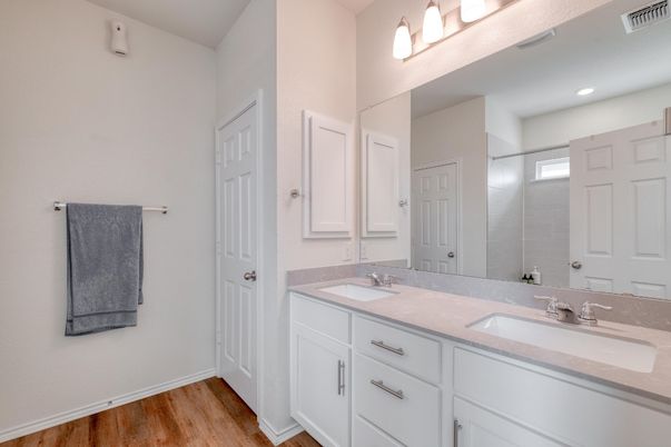 Bathroom, Dual Sink Vanities, Interior, Recessed Lighting, Wood Texture Flooring