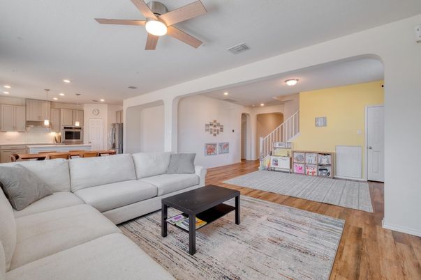 Interior, Kitchen, Living room, Pendant Lights, Recessed Lighting, Wood Texture Flooring