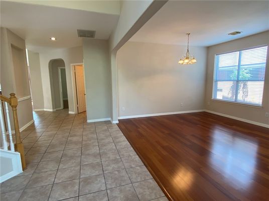Chandelier, Empty room, Interior, Recessed Lighting, Wood Texture Flooring