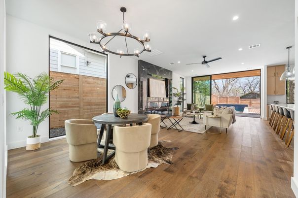 Dining room, Interior, Living room, Pendant Lights, Recessed Lighting, Wood Texture Flooring, Wooden Walls