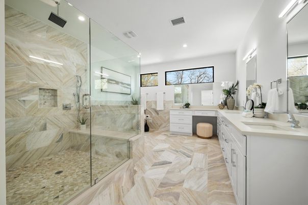 Bathroom, Glass Shower, Interior, Recessed Lighting