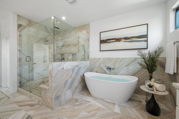 Bathroom, Free Standing Baths, Glass Shower, Interior, Marble, Marble Walls, Recessed Lighting