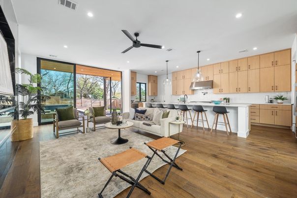 Interior, Kitchen, Living room, Pendant Lights, Recessed Lighting, Wood Texture Flooring