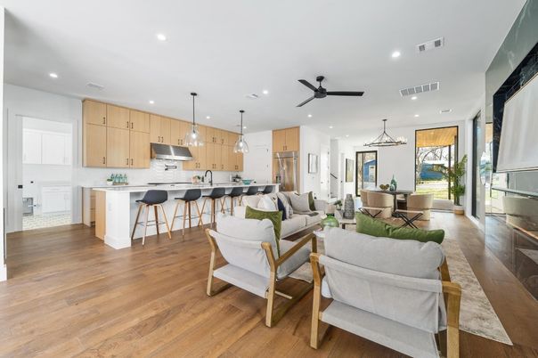 Dining room, Interior, Kitchen, Living room, Pendant Lights, Recessed Lighting, Stainless Steel Appliances, Wood Texture Flooring