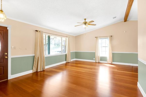 Empty room, Interior, Pendant Lights, Wooden Beams, Wood Texture Flooring