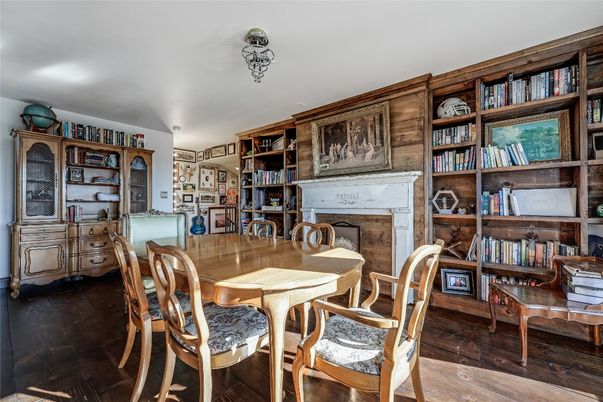 Dining room, Fireplace, Interior, Wood Texture Flooring
