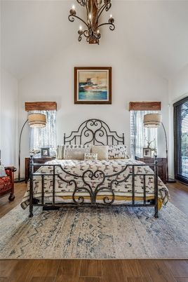 Bedroom, Chandelier, Interior, Wood Texture Flooring