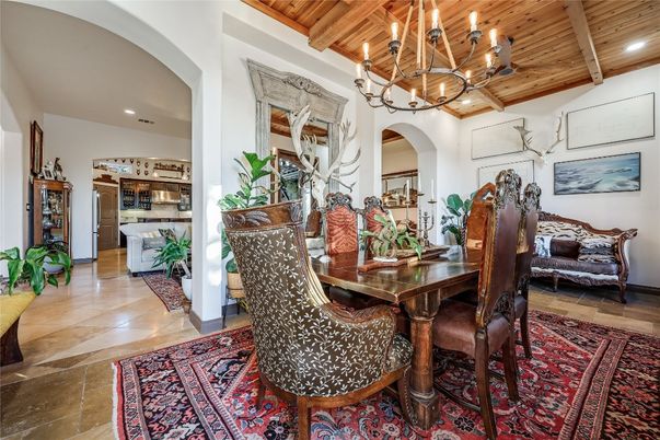 Chandelier, Dining room, Interior, Recessed Lighting, Wooden Beams, Wooden Ceilings, Wood Texture Flooring
