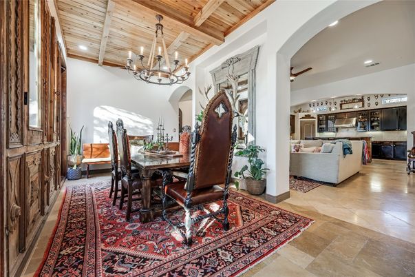 Chandelier, Dining room, Interior, Living room, Recessed Lighting, Wooden Beams, Wooden Ceilings