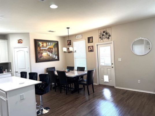 Dining room, Interior, Pendant Lights, Recessed Lighting, Wood Texture Flooring