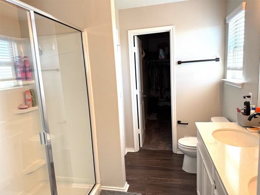 Bathroom, Glass Shower, Interior, Wood Texture Flooring