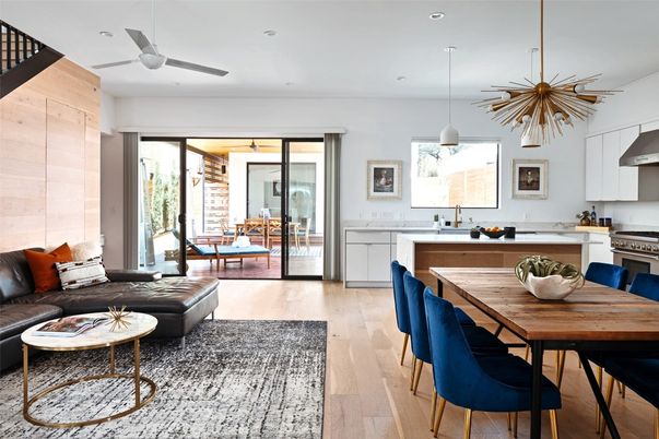 Dining room, Interior, Kitchen, Living room, Pendant Lights, Recessed Lighting, Stainless Steel Appliances, Wood Texture Flooring