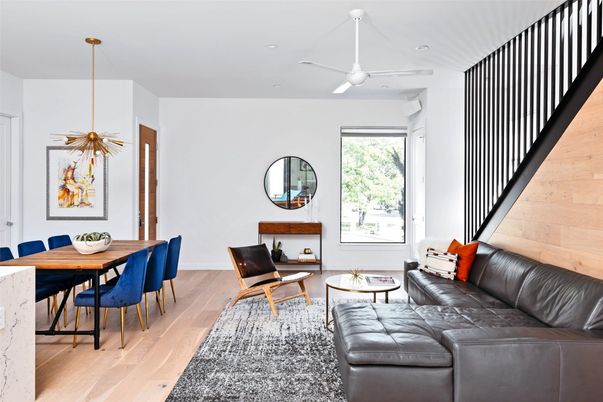 Dining room, Interior, Living room, Pendant Lights, Recessed Lighting, Wood Texture Flooring, Wooden Walls