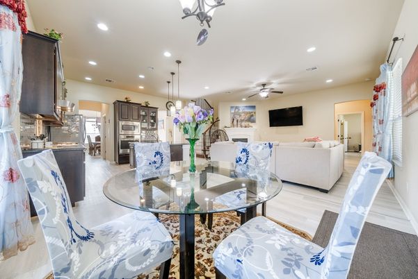Dining room, Interior, Kitchen, Living room, Pendant Lights, Recessed Lighting, Stainless Steel Appliances, Wood Texture Flooring