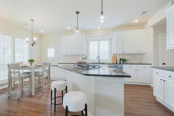 Dining room, Interior, Kitchen, Pendant Lights, Recessed Lighting, Wood Texture Flooring