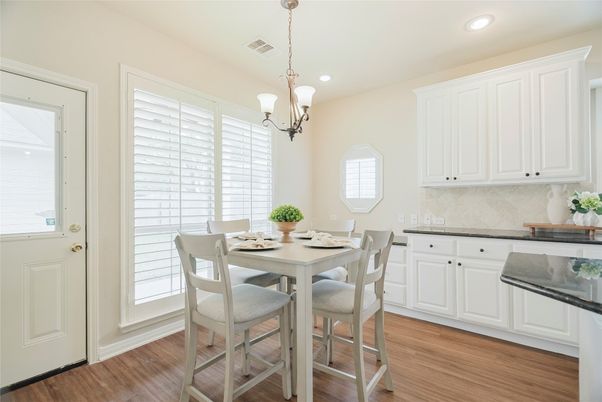 Dining room, Interior, Pendant Lights, Recessed Lighting, Wood Texture Flooring