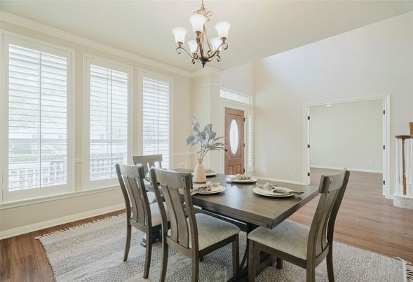 Chandelier, Dining room, Interior, Wood Texture Flooring