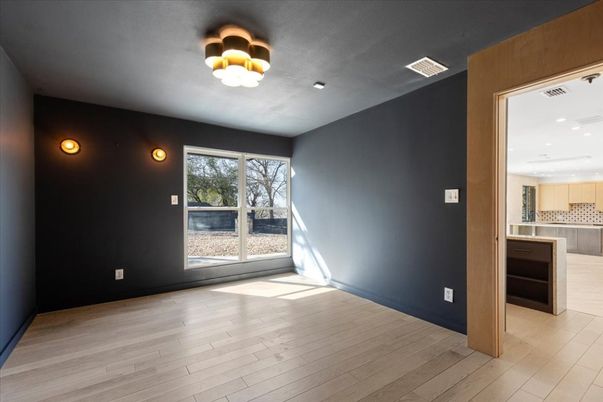 Empty room, Interior, Kitchen, Recessed Lighting, Wood Texture Flooring
