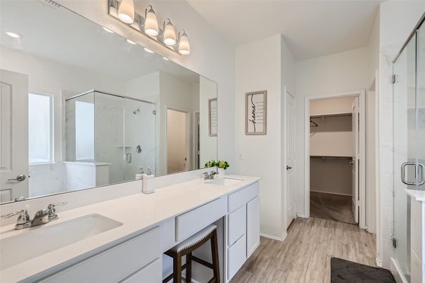 Bathroom, Dual Sink Vanities, Glass Shower, Interior, Wood Texture Flooring