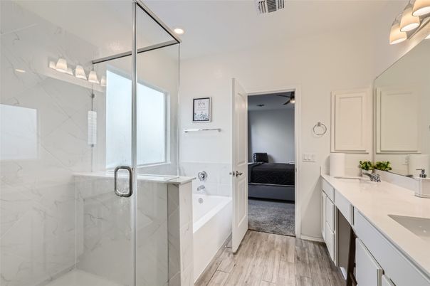 Bathroom, Bedroom, Glass Shower, Interior, Marble Walls, Recessed Lighting, Wood Texture Flooring