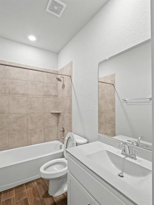 Bathroom, Dual Sink Vanities, Interior, Recessed Lighting, Wood Texture Flooring
