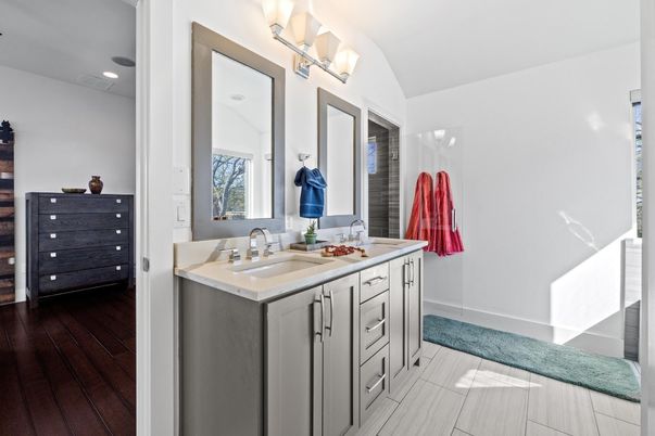 Bathroom, Dual Sink Vanities, Interior, Recessed Lighting, Wood Texture Flooring