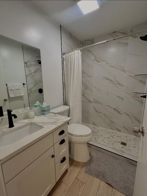 Bathroom, Interior, Marble Walls, Wood Texture Flooring