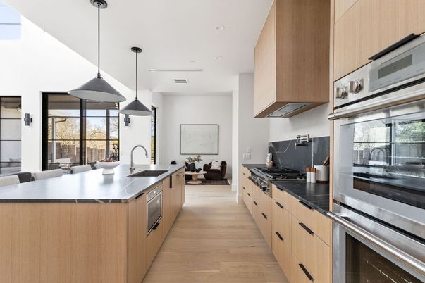 Interior, Kitchen, Living room, Pendant Lights, Recessed Lighting, Stainless Steel Appliances, Wood Texture Flooring