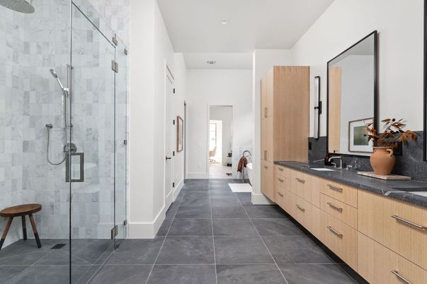 Bathroom, Dual Sink Vanities, Glass Shower, Interior, Recessed Lighting
