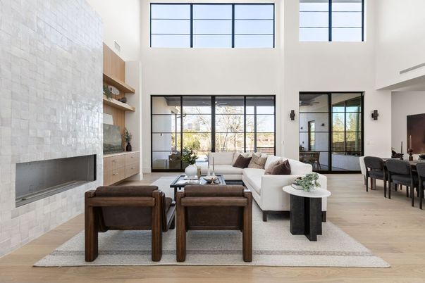 Dining room, Fireplace, Interior, Living room, Stone Walls, Wood Texture Flooring