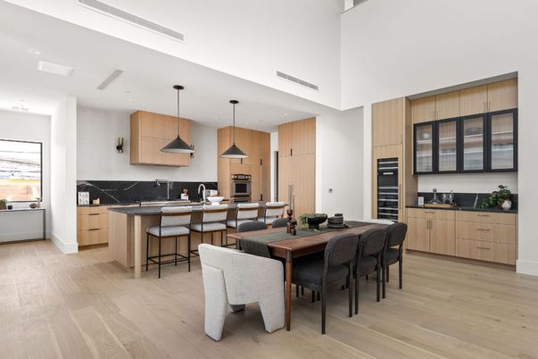 Dining room, Interior, Kitchen, Pendant Lights, Recessed Lighting, Stainless Steel Appliances, Wood Texture Flooring