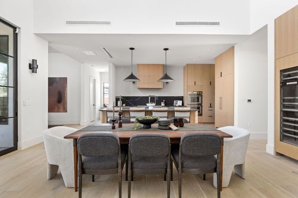 Dining room, Interior, Kitchen, Pendant Lights, Recessed Lighting, Stainless Steel Appliances, Wood Texture Flooring