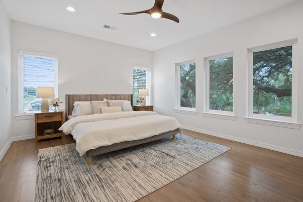 Bedroom, Interior, Recessed Lighting, Wood Texture Flooring