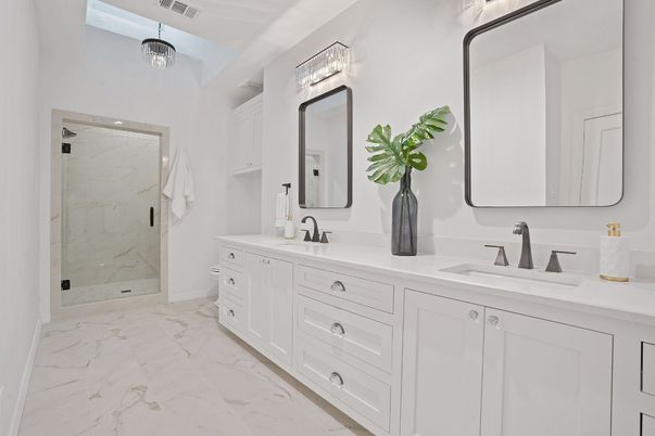 Bathroom, Dual Sink Vanities, Glass Shower, Interior, Marble, Marble Walls