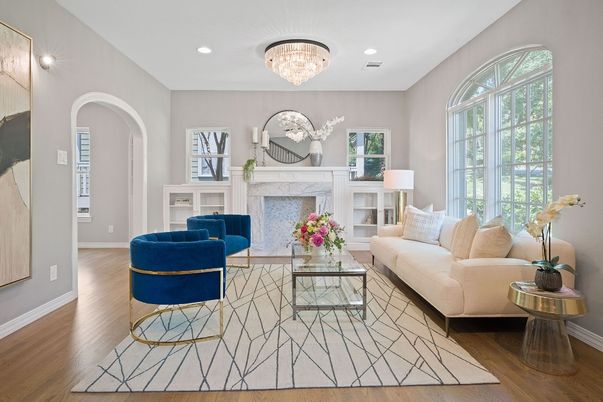 Chandelier, Fireplace, Interior, Living room, Recessed Lighting, Wood Texture Flooring