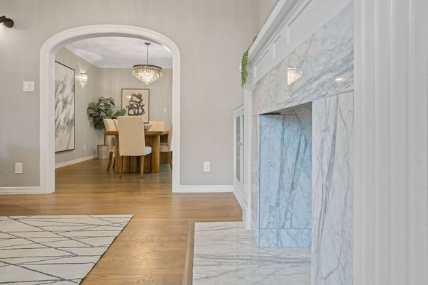 Chandelier, Dining room, Interior, Marble Walls, Wood Texture Flooring