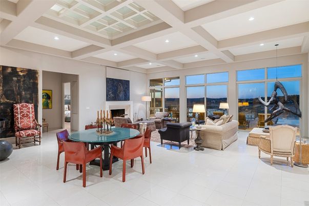 Dining room, Fireplace, Interior, Living room, Recessed Lighting, Water