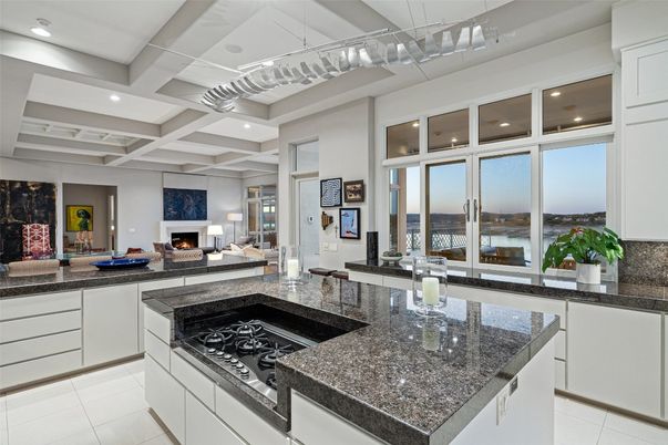 Fireplace, Interior, Kitchen, Living room, Recessed Lighting, Water