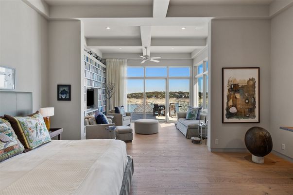Bedroom, Interior, Living room, Recessed Lighting, Water, Wood Texture Flooring