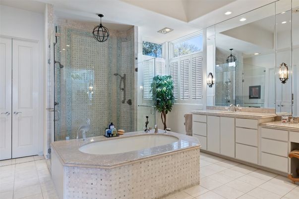 Bathroom, Dual Sink Vanities, Glass Shower, Interior, Pendant Lights, Recessed Lighting