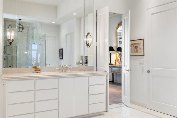 Bathroom, Dual Sink Vanities, Glass Shower, Interior, Pendant Lights, Recessed Lighting