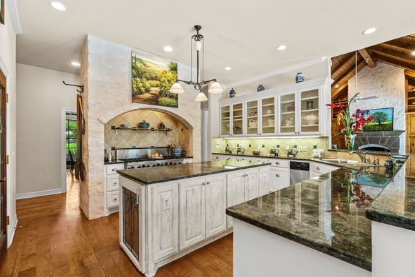 Interior, Kitchen, Pendant Lights, Recessed Lighting, Stainless Steel Appliances, Wooden Beams, Wood Texture Flooring