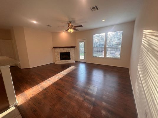 Empty room, Fireplace, Interior, Recessed Lighting, Wood Texture Flooring