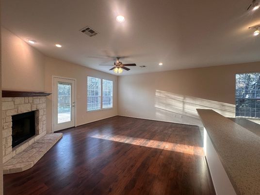 Empty room, Fireplace, Interior, Recessed Lighting, Wood Texture Flooring