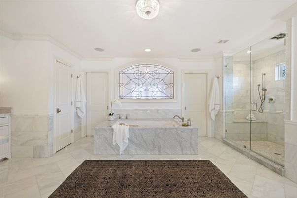 Bathroom, Glass Shower, Interior, Marble, Marble Walls, Recessed Lighting