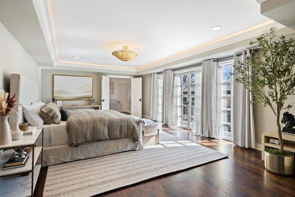Bedroom, Chandelier, Interior, Recessed Lighting, Wood Texture Flooring