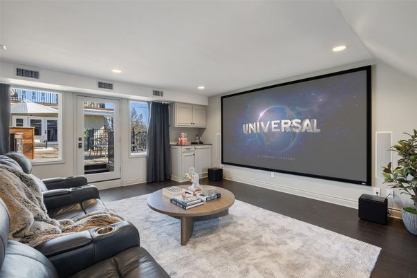 Interior, Projection Screen, Recessed Lighting, Theatre Room, Wood Texture Flooring