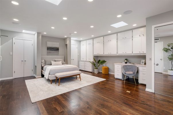 Bedroom, Interior, Recessed Lighting, Wood Texture Flooring