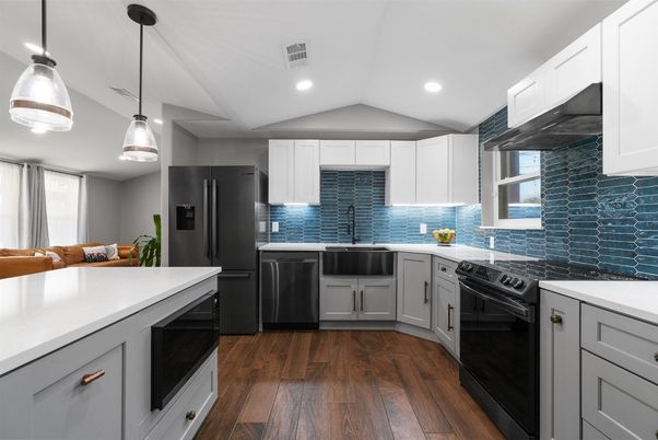 Interior, Kitchen, Pendant Lights, Recessed Lighting, Stainless Steel Appliances, Wood Texture Flooring