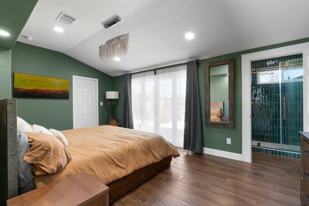 Bedroom, Interior, Pendant Lights, Recessed Lighting, Wood Texture Flooring